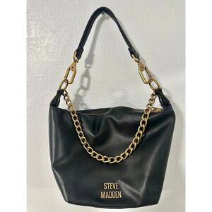 Steve Madden Black Faux Leather Shoulder Bag Gold Chain Accent